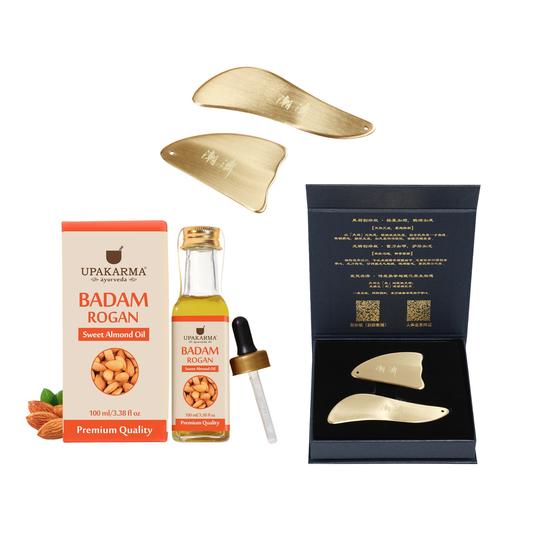 Gua Sha Koparsköfusett & alhliða sæt möndlu olía